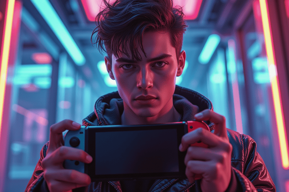 長髮帥氣男子拿著Switch遊戲機面無表情