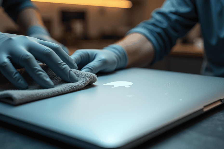 戴手套的人用布擦拭銀色蘋果筆電外殼