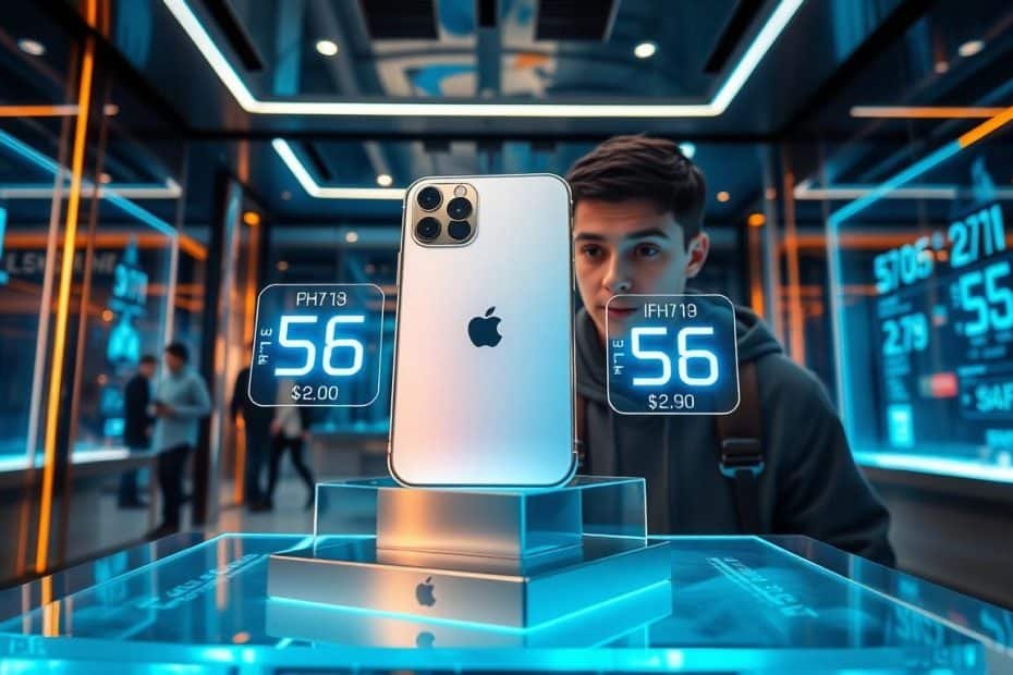 年輕人凝視展示櫃中iPhone，思索價值與未來