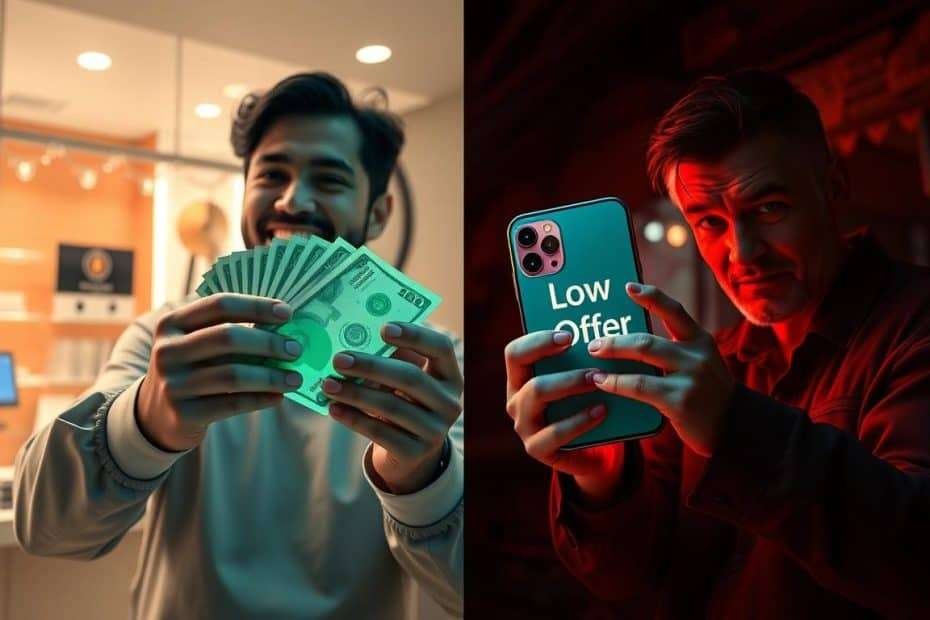 兩個男子左邊開心拿現金右邊陷入低價陷阱