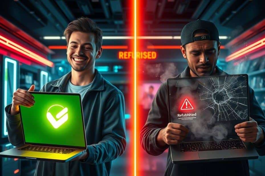 左邊男子開心使用筆電，右邊男子筆電冒煙損壞。