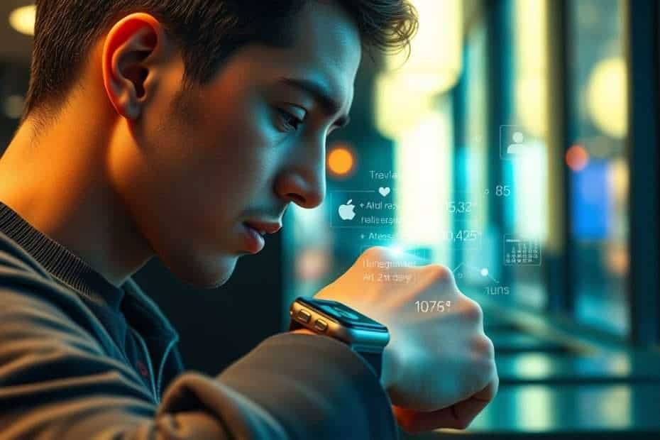 年輕男子專注手錶螢幕，查看數據資訊