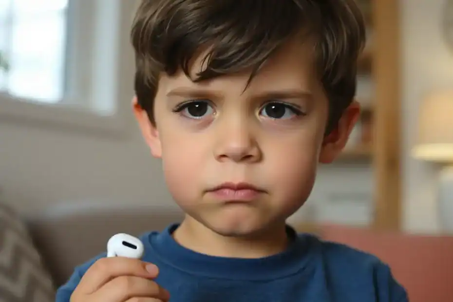小男孩手拿AirPods，表情嚴肅專注