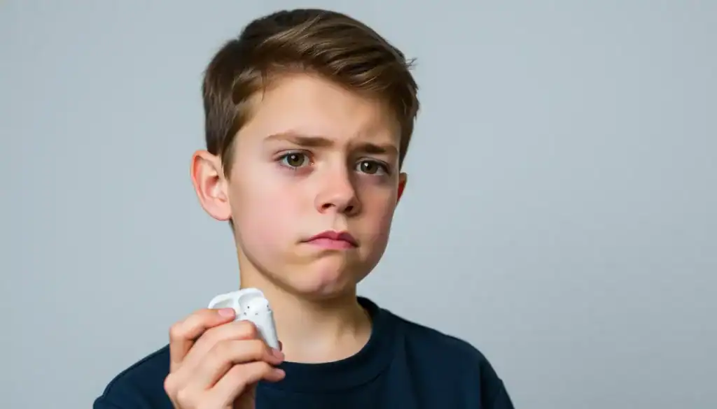 小男孩手拿AirPods,表情嚴肅專注