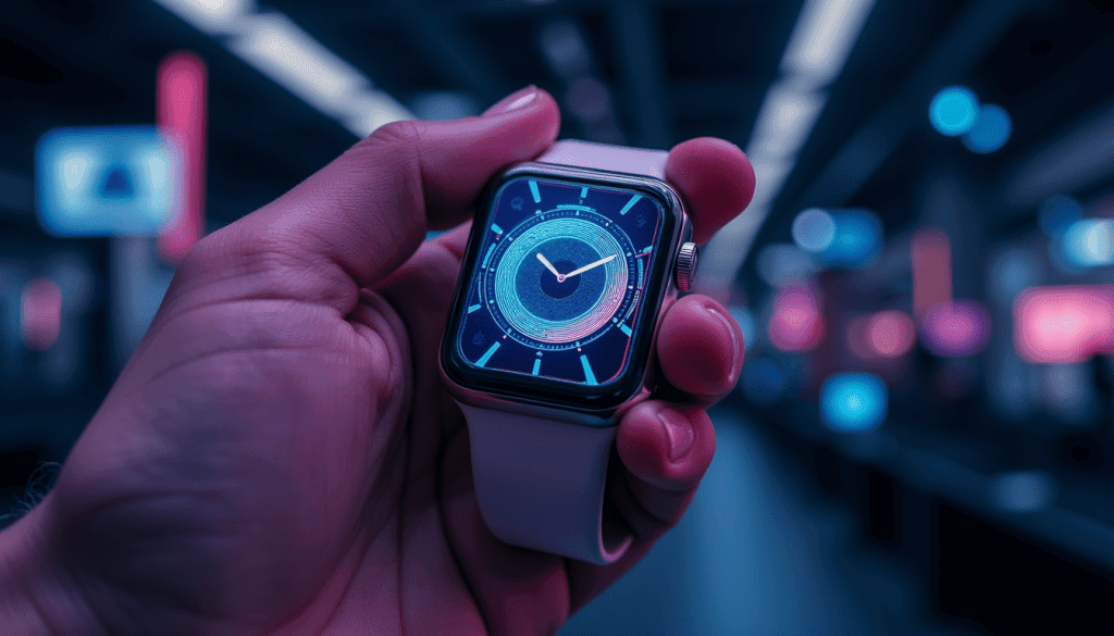 手上拿著一隻顯示時間的Apple Watch
