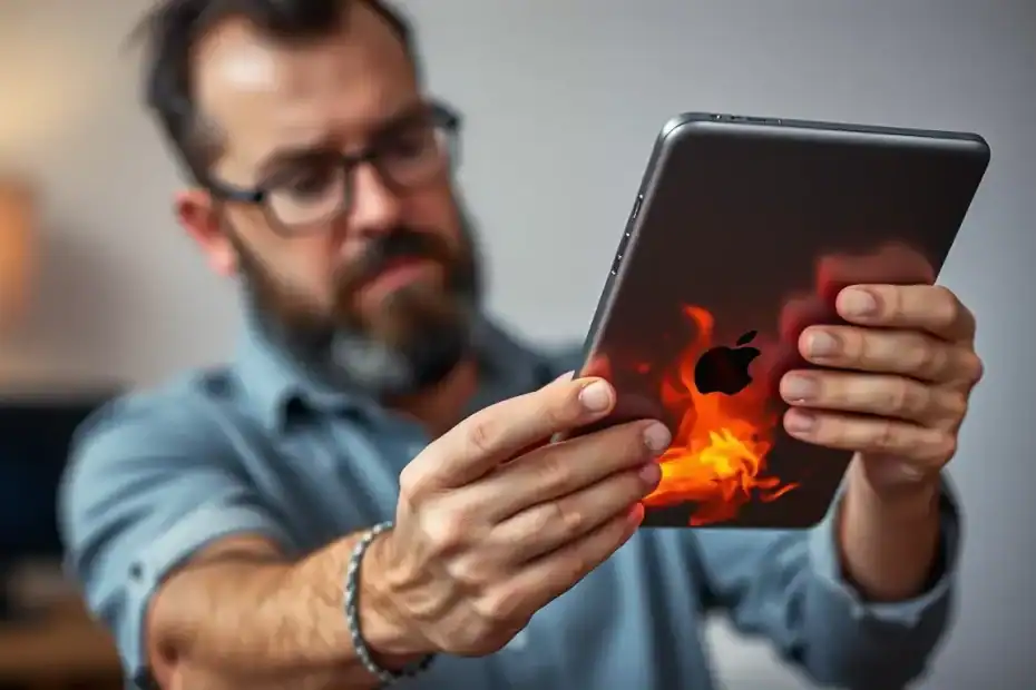 男子拿著發燙iPad 皺眉檢查發熱問題