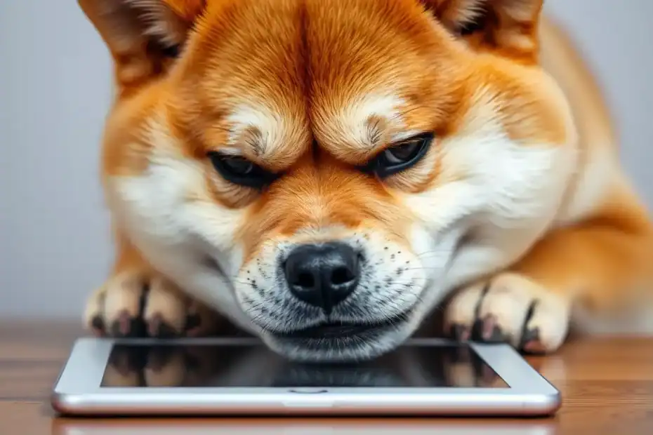柴犬趴在平板上 嘴角微抿似在生氣