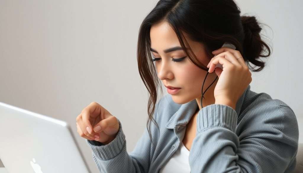 女人戴著耳機專注看著筆電螢幕