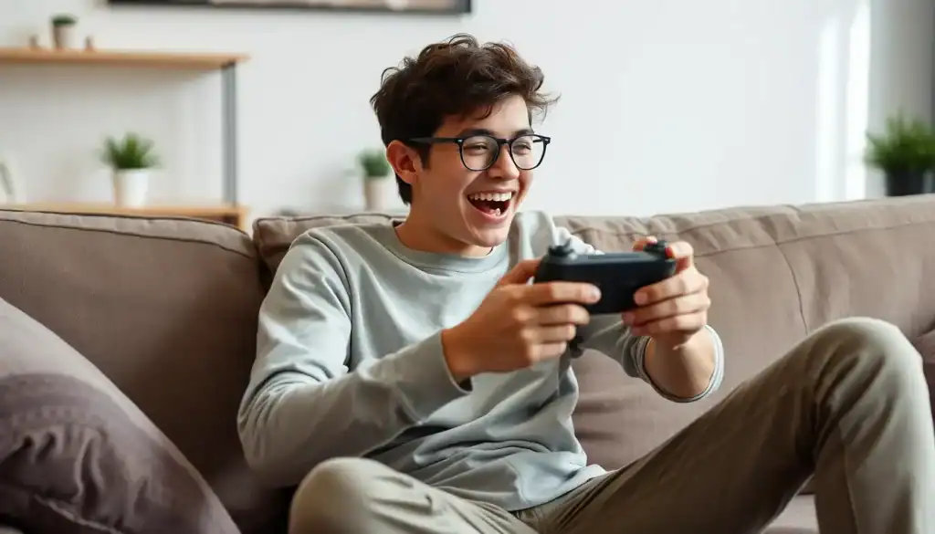 男子靠在沙發上打遊戲 露出開心笑容