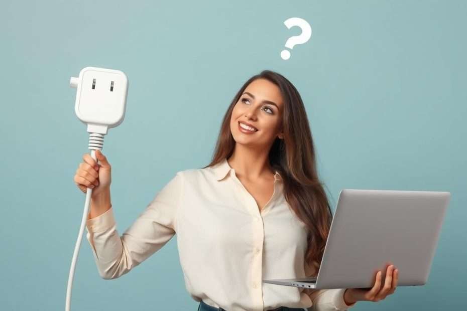 女人手拿筆電困惑看電源插頭