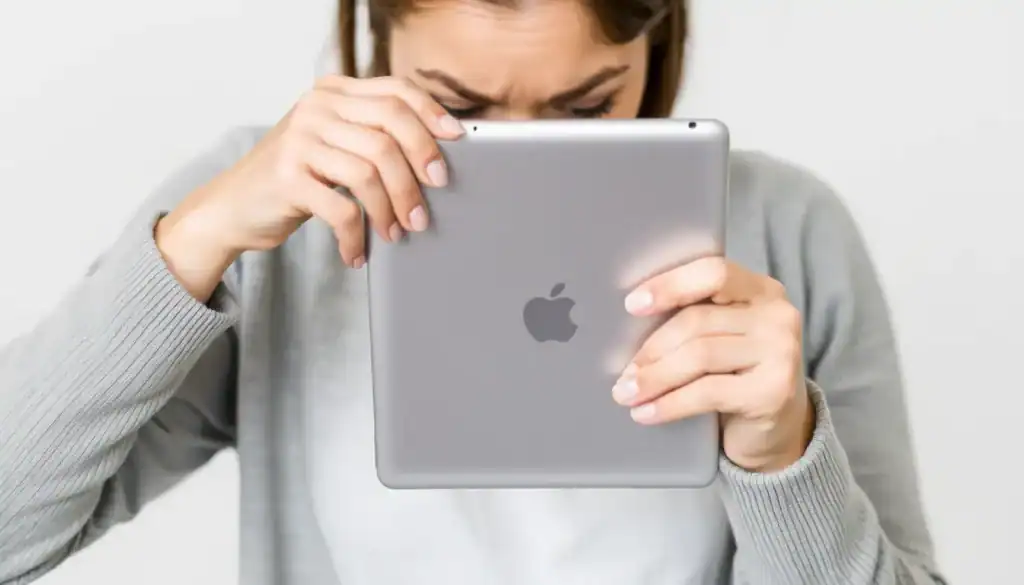 女子皺眉仔細檢查iPad背面。