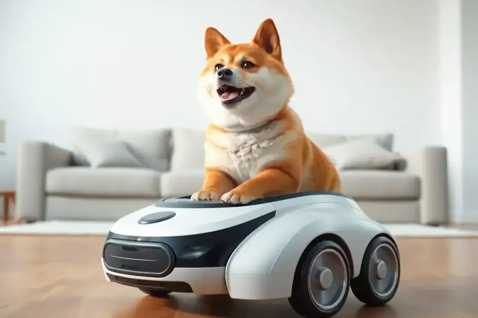 柴犬開掃地機，像在兜風玩耍。