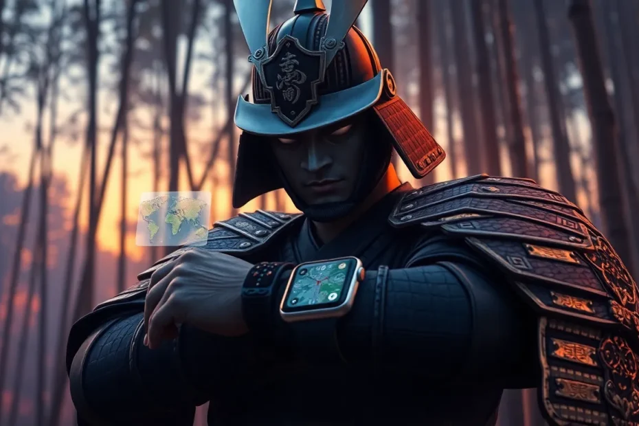武士看著透明地圖，手錶亮著引導前路。