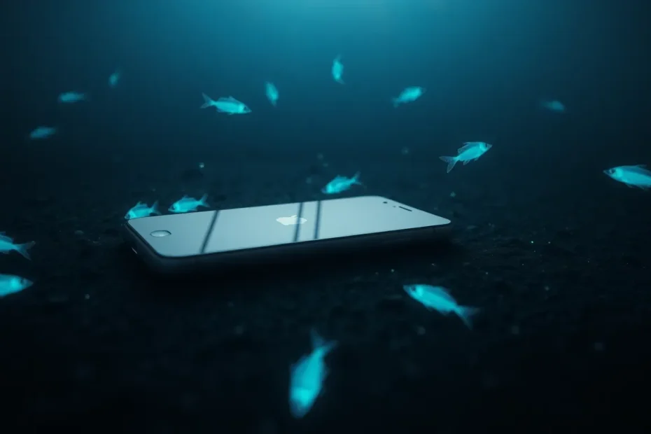 手機沉在海底藍光小魚環繞漂游。