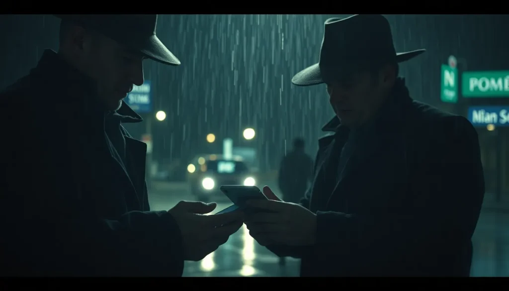 兩名男子雨夜對視手機神情專注。