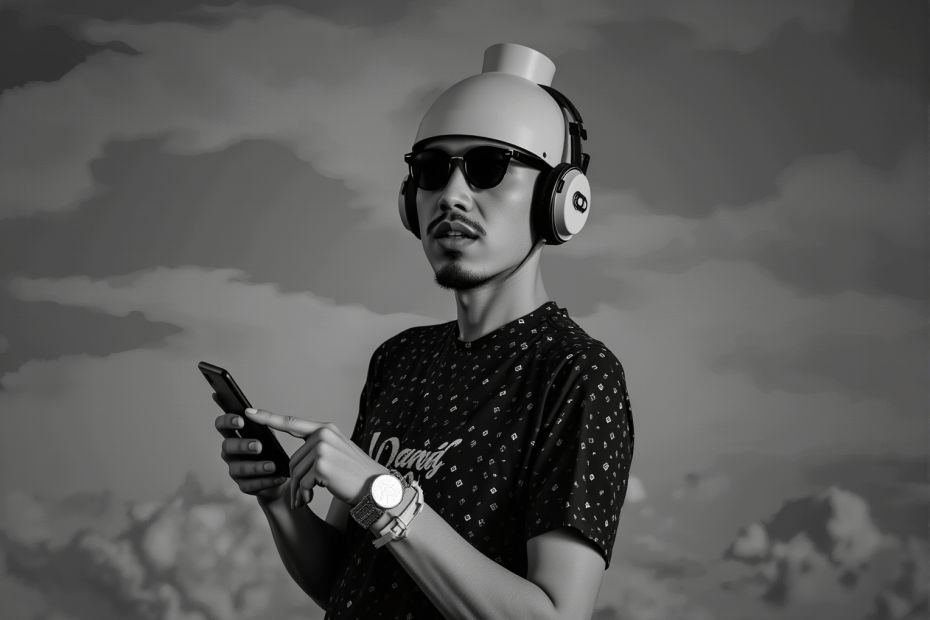 戴安全帽耳機墨鏡男子拿手機看前方