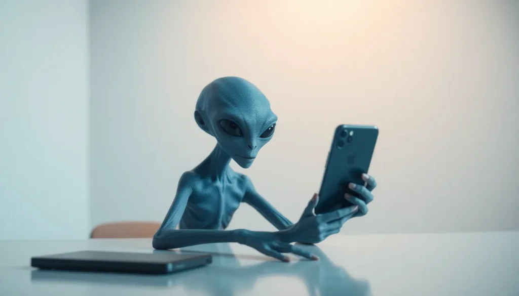 藍灰色外星人坐桌前專注看手機。
