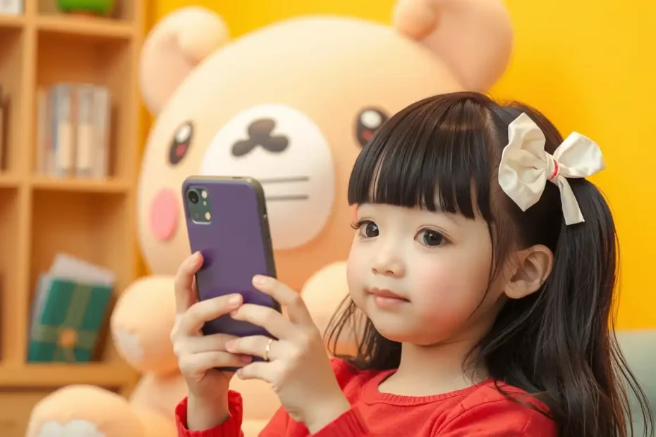 綁蝴蝶結小女孩雙手拿手機看螢幕