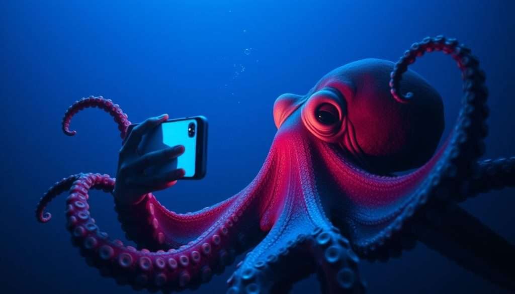 粉色章魚在海中側身拿手機