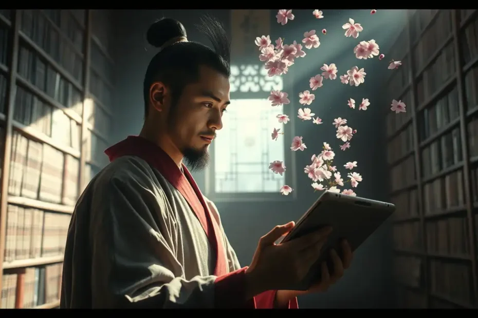 男子書架間手持平板櫻花飄落
