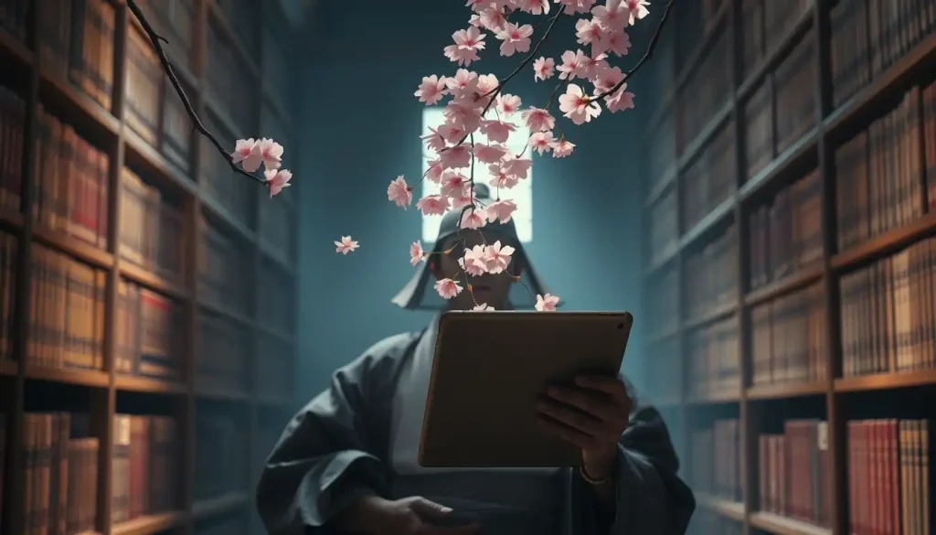 武士書庫中低頭看平板櫻花飄落