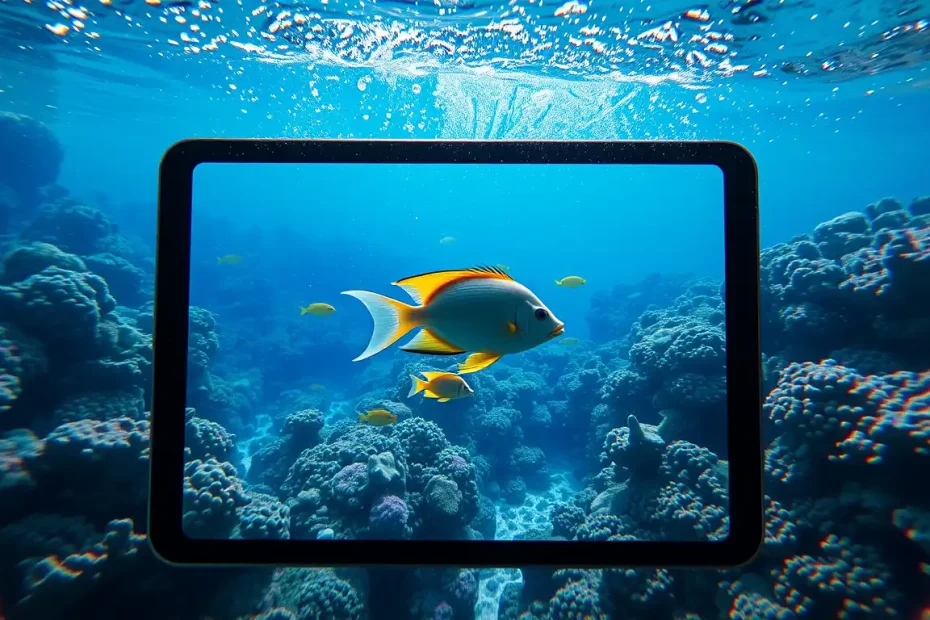 平板沉在水中播放珊瑚魚群