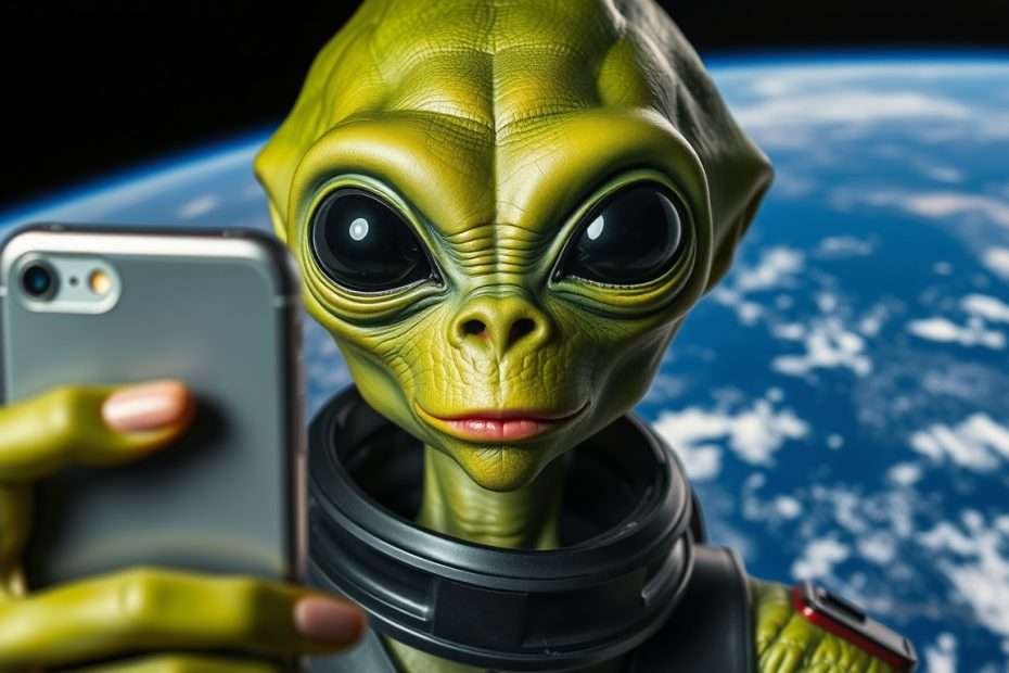 外星人身處外太空，拿著手機連結地球