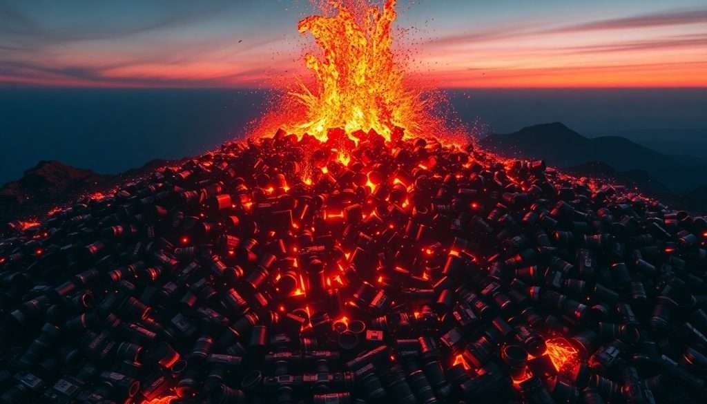 一堆相機鏡頭在噴發岩漿火山裡燃燒