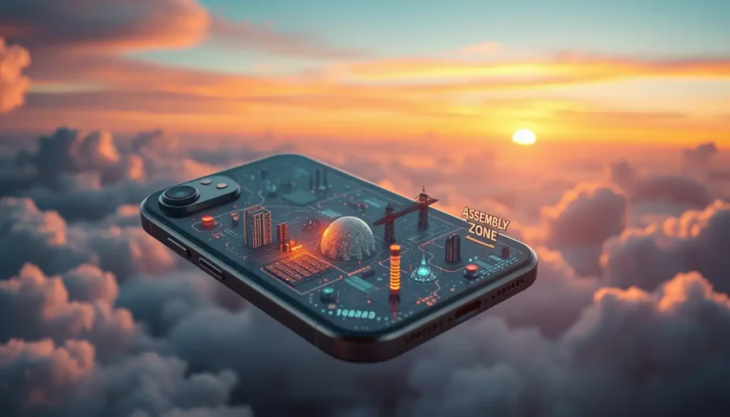 手機漂浮雲端,機身滿載發光城