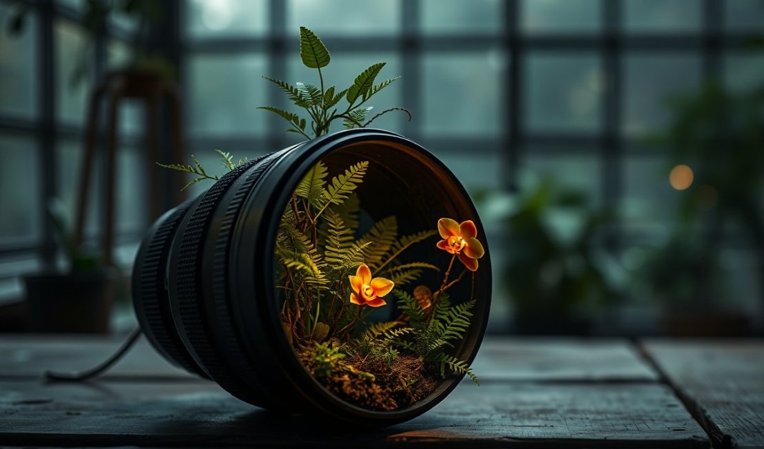 黑色鏡頭化身溫室，孕育蕨類蘭花。