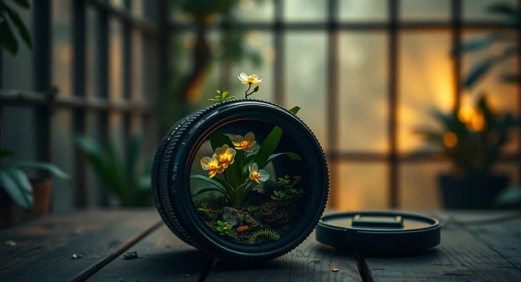 倒臥鏡頭內長出植物,在桌上面對窗戶。