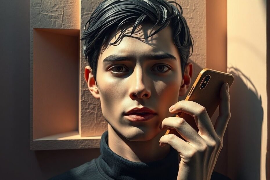 男子在光影牆前，手持手機講電話