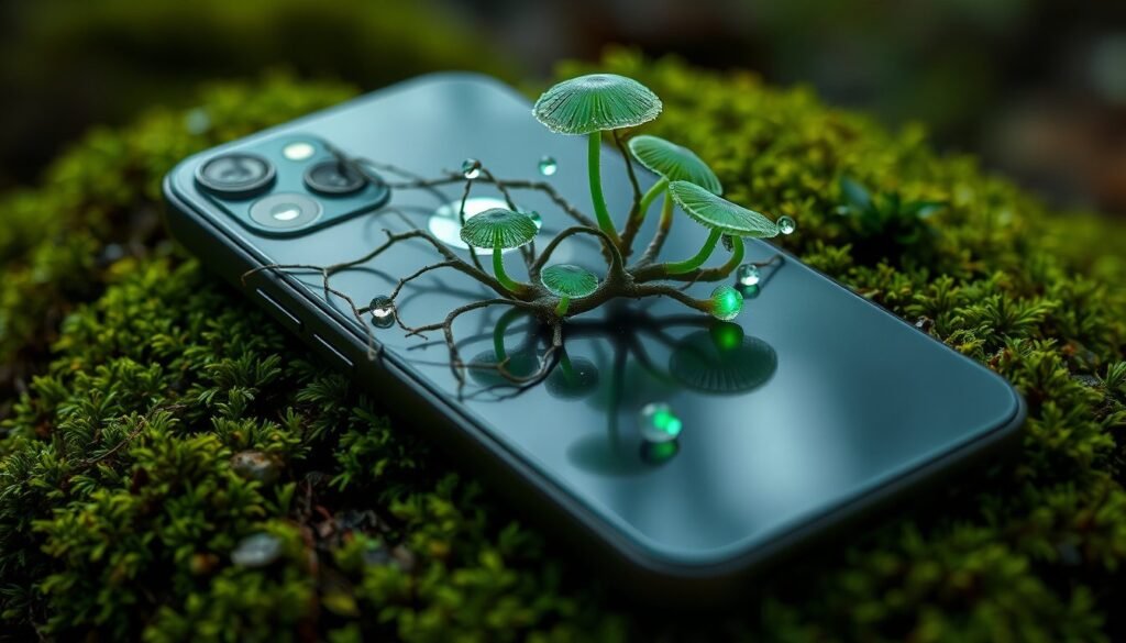 苔蘚地上的手機長出綠色小菇。