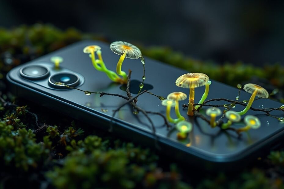 苔蘚地上的手機長出發光黃菇。