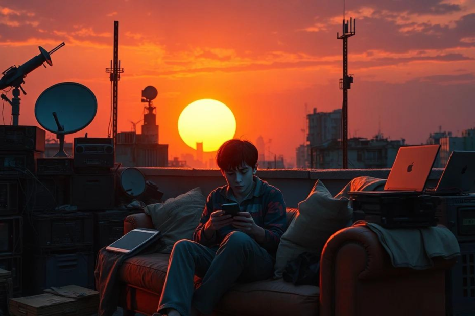 天台夕陽下青年坐在沙發滑手機。
